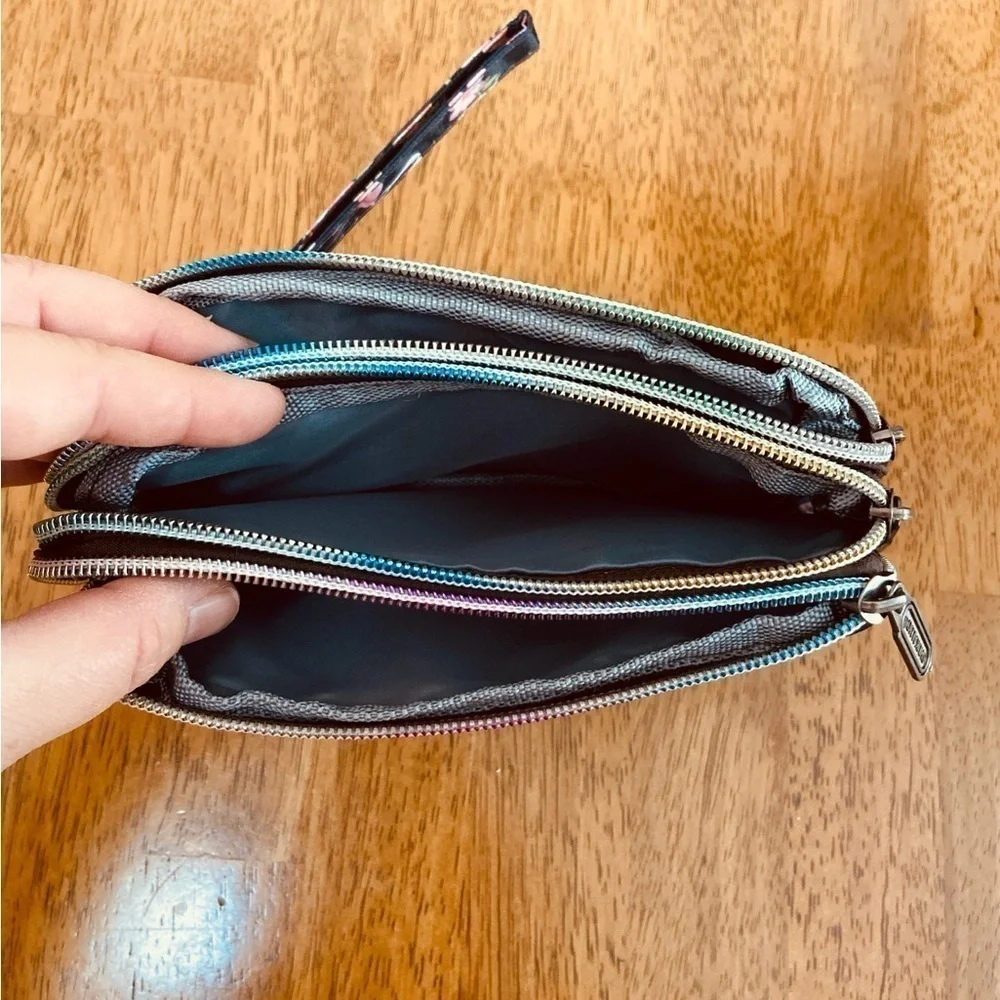 Flamingo Palm Leaf Print Wristlet Tropical Pouch Multi-Zipper Clutch Organizer